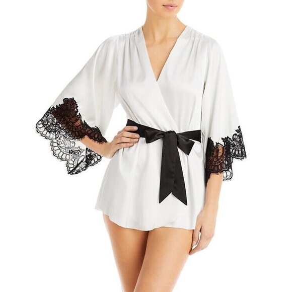 NWT FLEUR DU MAL Womens S/M Angel Sleeve Lace Trim Robe Ivory/Black Silk Blend